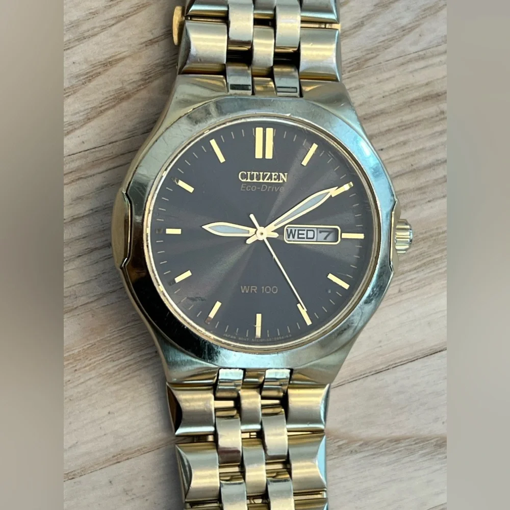 Citizen Eco-Drive Men’s Watch Dark Gray Dial Day Date Window Gold-Tone Bracelet